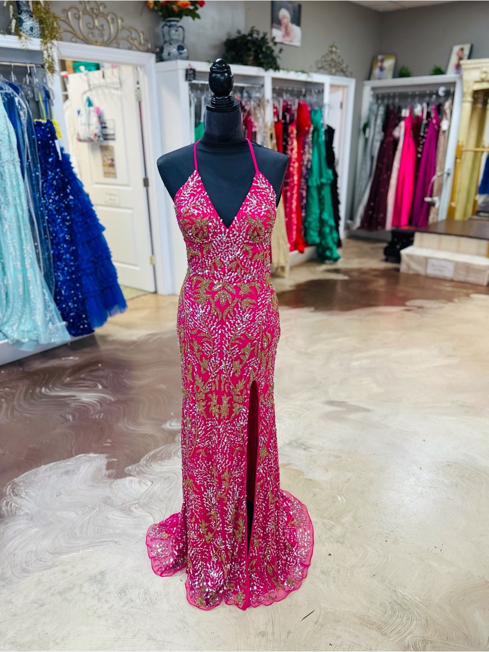 Hot Pink Aleta Halter Prom Dress with Gold Accents